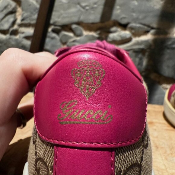 Gucci Beige GG Canvas Fuchsia Leather Brooklyn Low-top Sneakers - Picture 6 of 14
